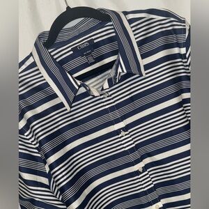 Chaps NO IRON Button Up Shirt Navy Blue Stripe Top Long Sleeve Women Plus Sz 3X
